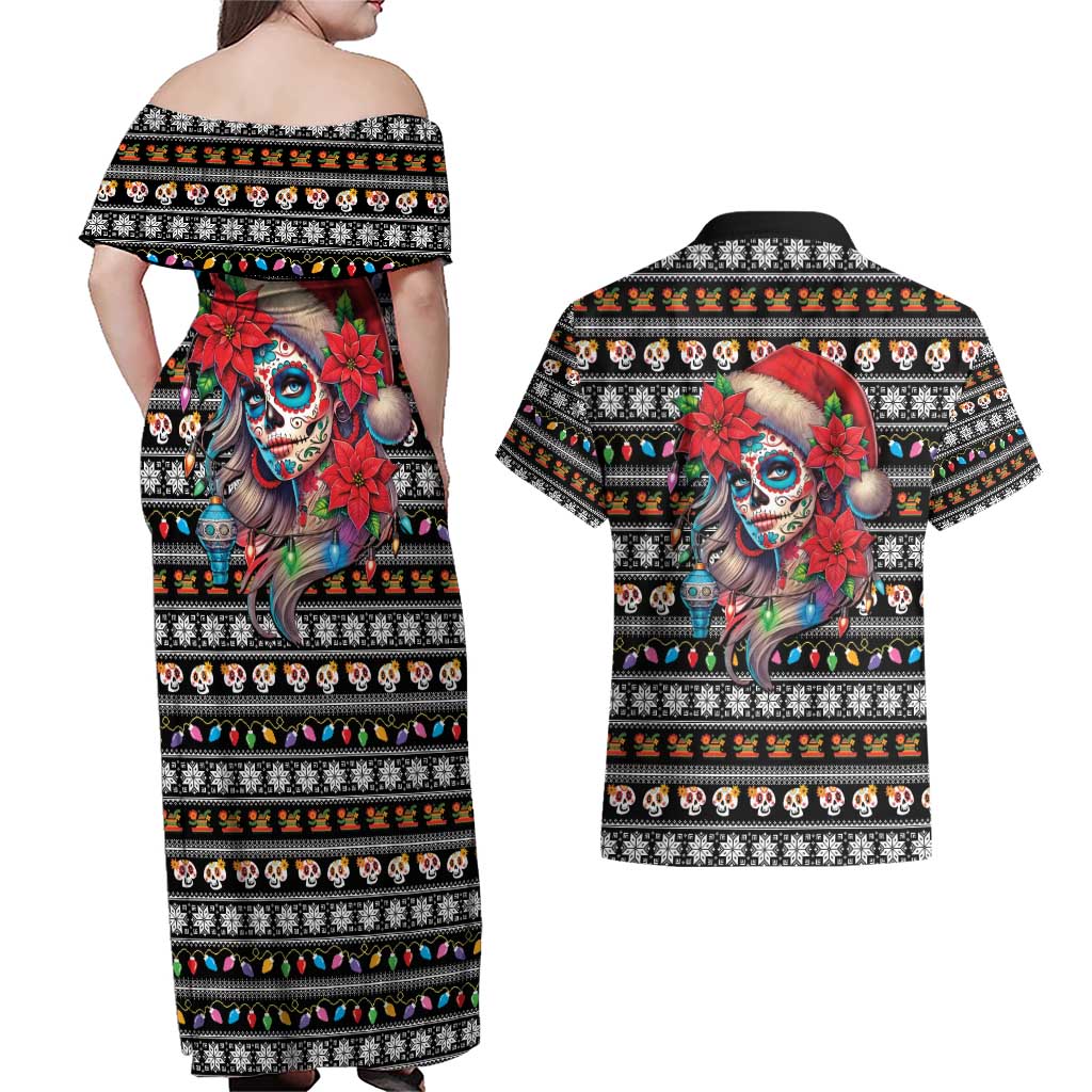 Mexican Sugar Skull Lady Christmas Couples Matching Off Shoulder Maxi Dress and Hawaiian Shirt Feliz Navidad Mexico - Wonder Print Shop