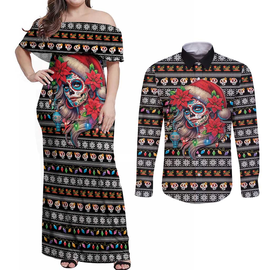 Mexican Sugar Skull Lady Christmas Couples Matching Off Shoulder Maxi Dress and Long Sleeve Button Shirt Feliz Navidad Mexico - Wonder Print Shop
