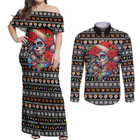 Mexican Sugar Skull Lady Christmas Couples Matching Off Shoulder Maxi Dress and Long Sleeve Button Shirt Feliz Navidad Mexico - Wonder Print Shop