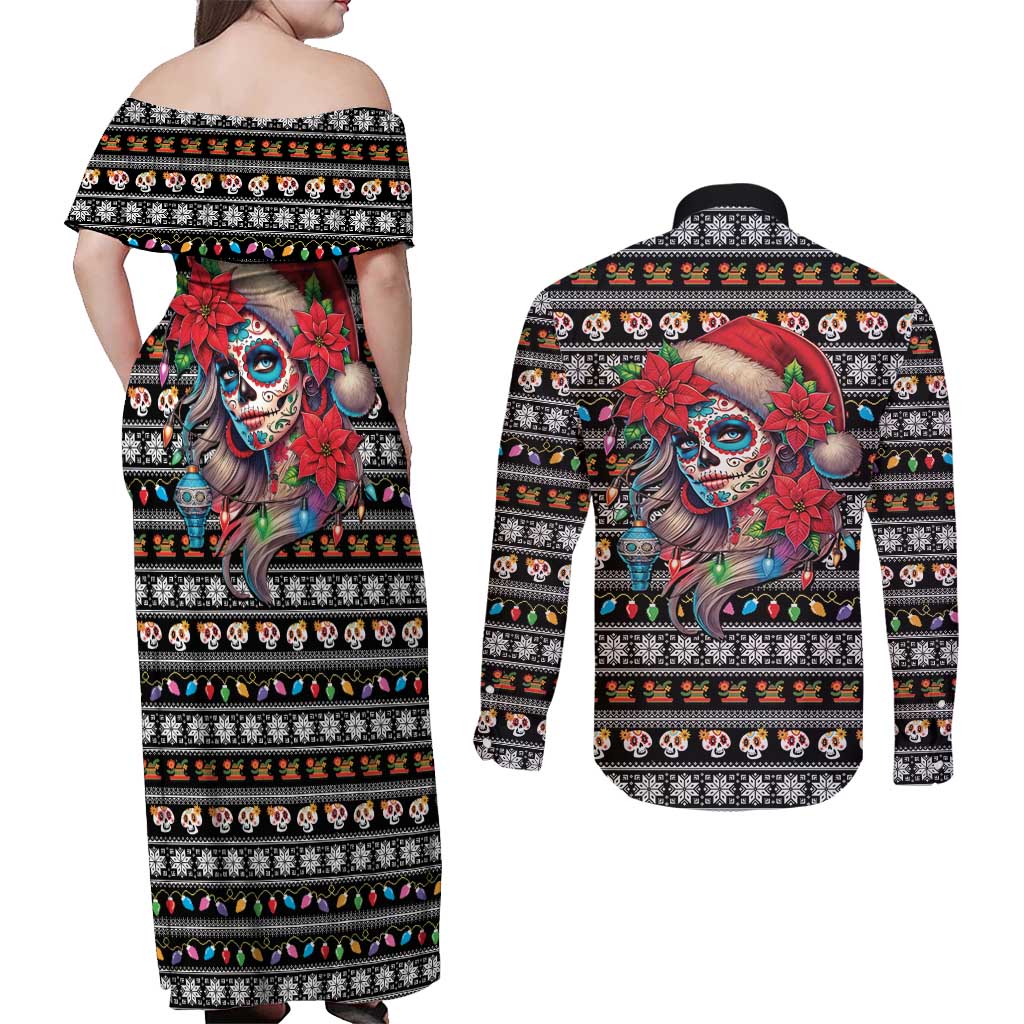 Mexican Sugar Skull Lady Christmas Couples Matching Off Shoulder Maxi Dress and Long Sleeve Button Shirt Feliz Navidad Mexico - Wonder Print Shop