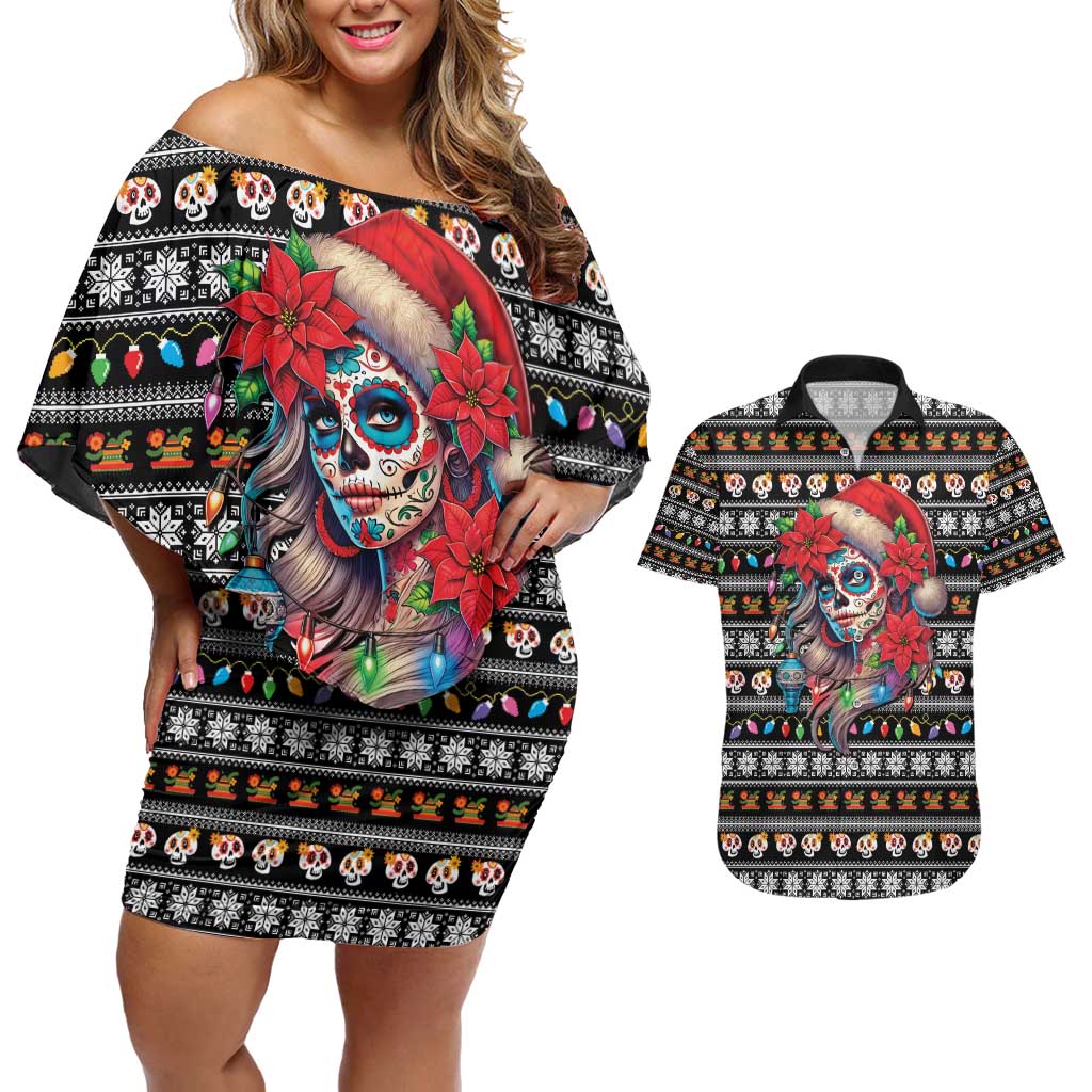 Mexican Sugar Skull Lady Christmas Couples Matching Off Shoulder Short Dress and Hawaiian Shirt Feliz Navidad Mexico - Wonder Print Shop