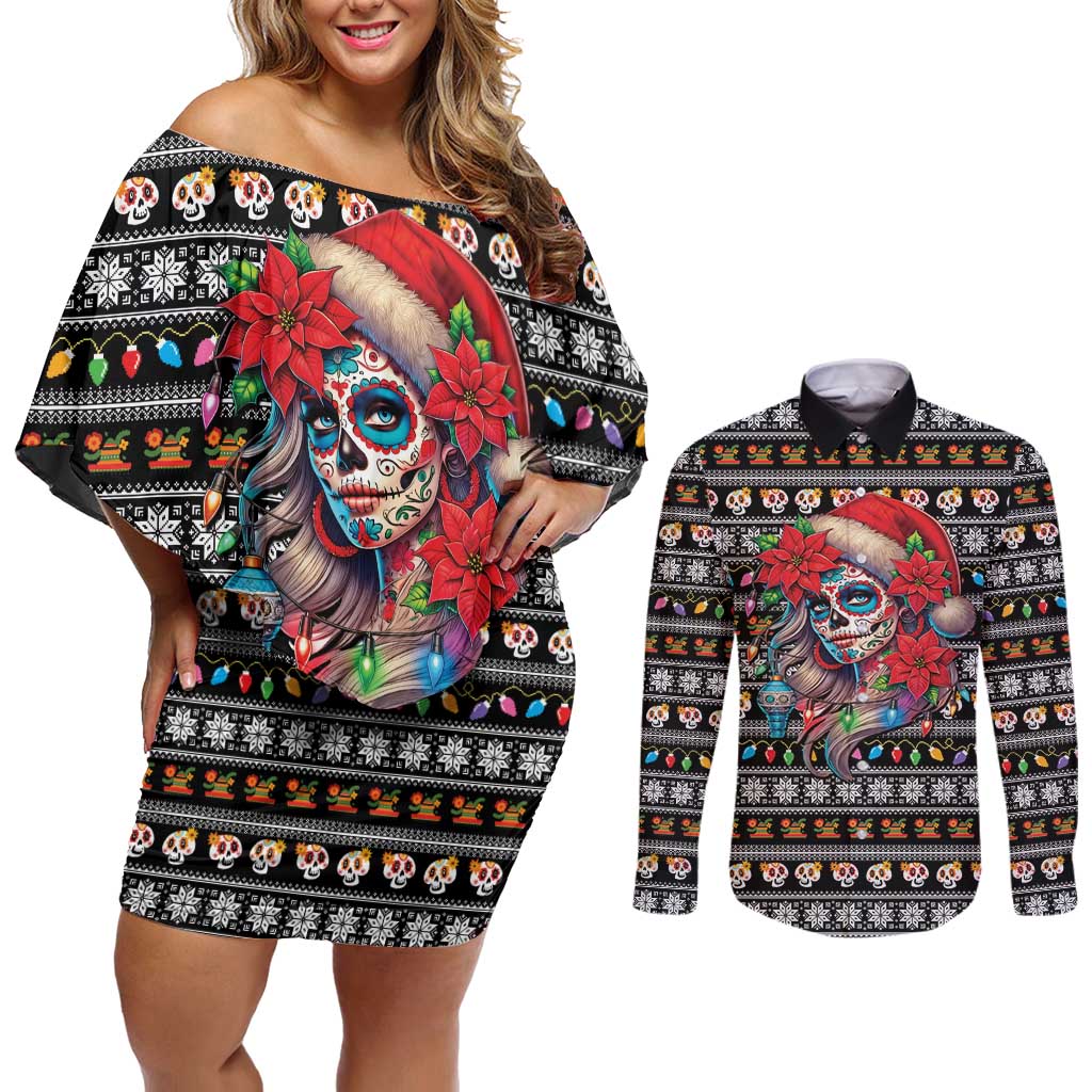 Mexican Sugar Skull Lady Christmas Couples Matching Off Shoulder Short Dress and Long Sleeve Button Shirt Feliz Navidad Mexico - Wonder Print Shop