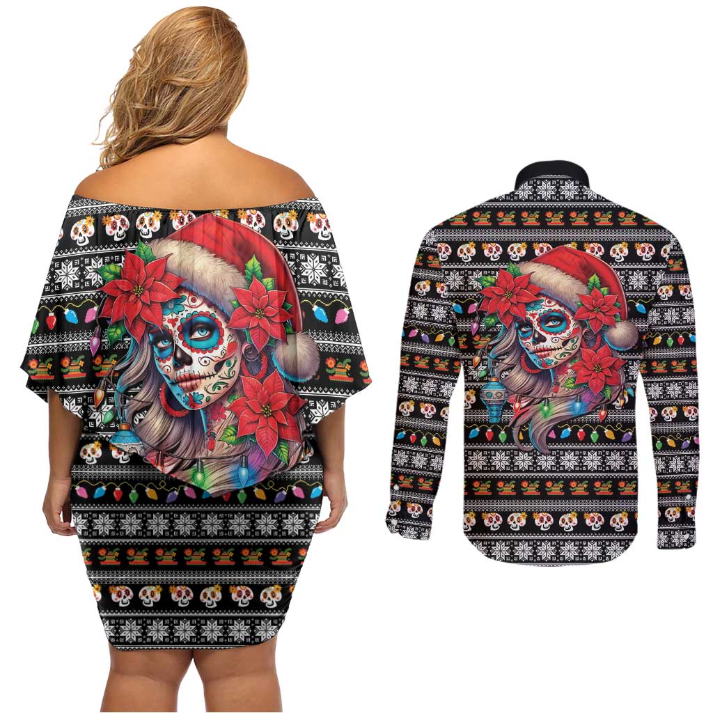 Mexican Sugar Skull Lady Christmas Couples Matching Off Shoulder Short Dress and Long Sleeve Button Shirt Feliz Navidad Mexico - Wonder Print Shop