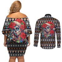 Mexican Sugar Skull Lady Christmas Couples Matching Off Shoulder Short Dress and Long Sleeve Button Shirt Feliz Navidad Mexico - Wonder Print Shop