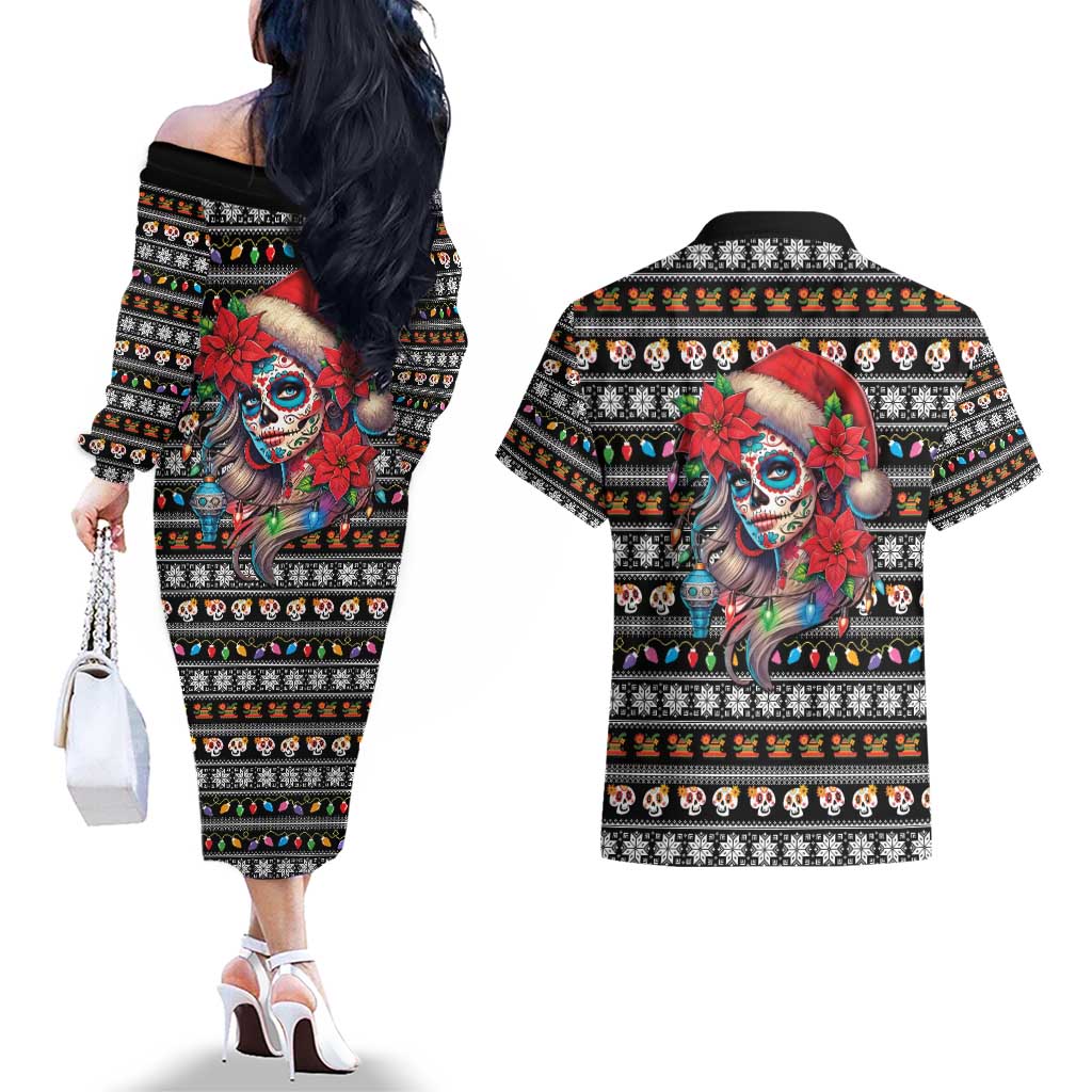 Mexican Sugar Skull Lady Christmas Couples Matching Off The Shoulder Long Sleeve Dress and Hawaiian Shirt Feliz Navidad Mexico - Wonder Print Shop