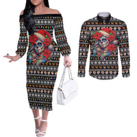 Mexican Sugar Skull Lady Christmas Couples Matching Off The Shoulder Long Sleeve Dress and Long Sleeve Button Shirt Feliz Navidad Mexico - Wonder Print Shop