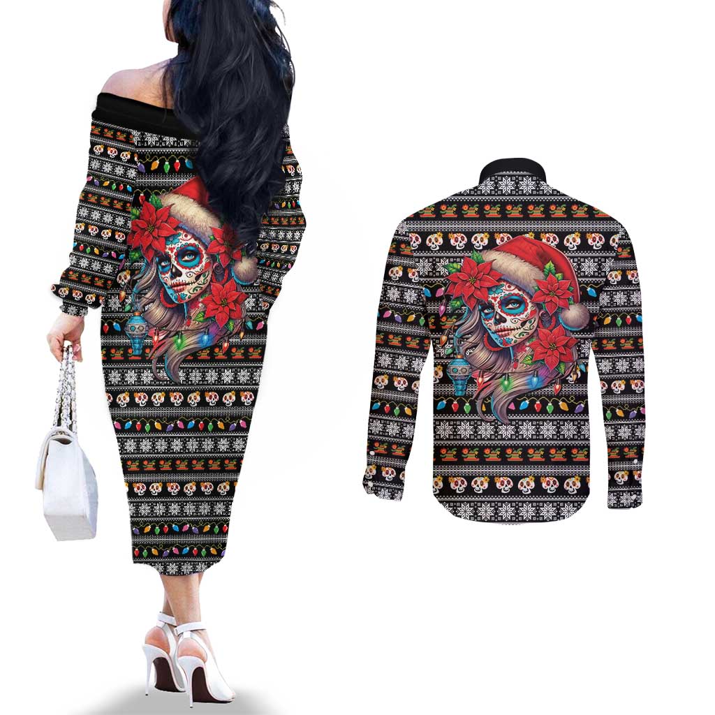 Mexican Sugar Skull Lady Christmas Couples Matching Off The Shoulder Long Sleeve Dress and Long Sleeve Button Shirt Feliz Navidad Mexico - Wonder Print Shop