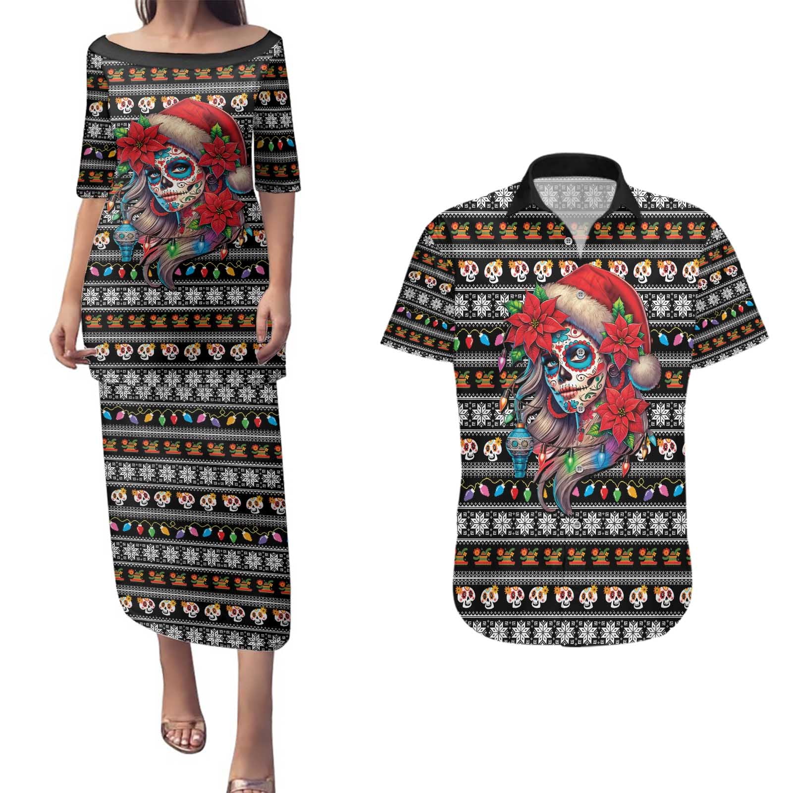 Mexican Sugar Skull Lady Christmas Couples Matching Puletasi and Hawaiian Shirt Feliz Navidad Mexico - Wonder Print Shop