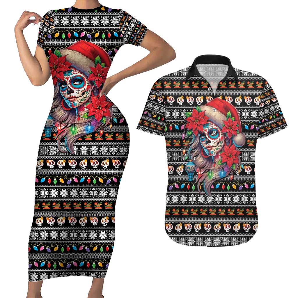Mexican Sugar Skull Lady Christmas Couples Matching Short Sleeve Bodycon Dress and Hawaiian Shirt Feliz Navidad Mexico - Wonder Print Shop
