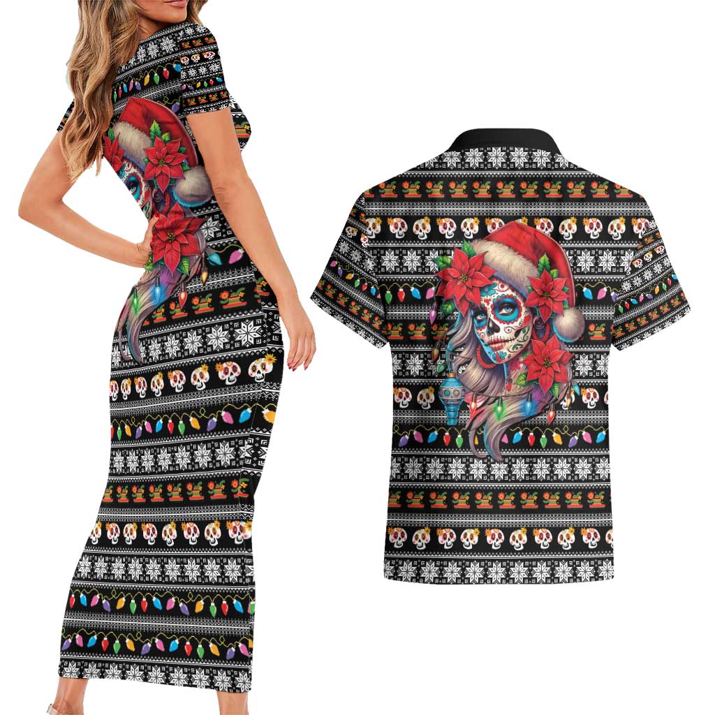 Mexican Sugar Skull Lady Christmas Couples Matching Short Sleeve Bodycon Dress and Hawaiian Shirt Feliz Navidad Mexico - Wonder Print Shop