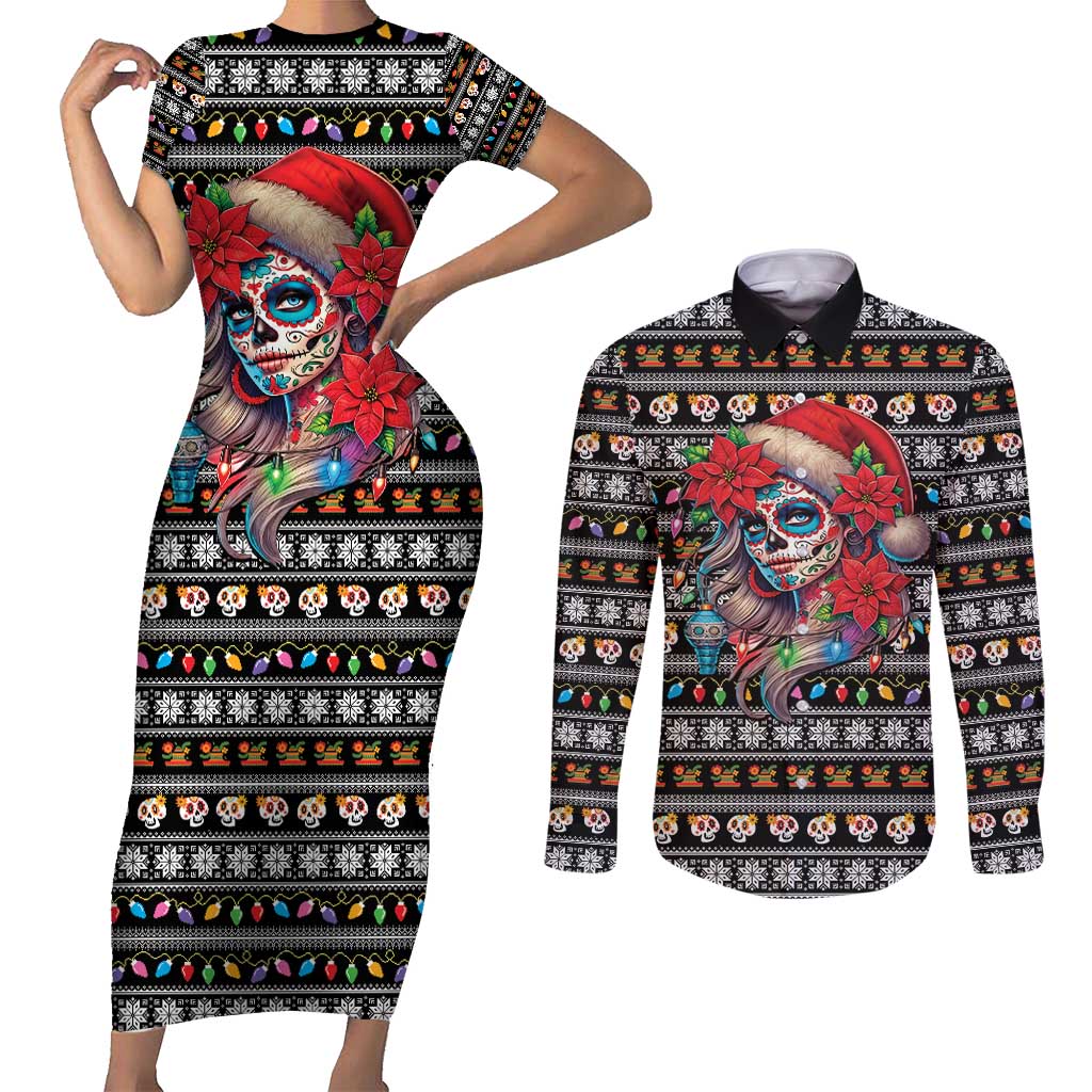 Mexican Sugar Skull Lady Christmas Couples Matching Short Sleeve Bodycon Dress and Long Sleeve Button Shirt Feliz Navidad Mexico - Wonder Print Shop