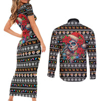 Mexican Sugar Skull Lady Christmas Couples Matching Short Sleeve Bodycon Dress and Long Sleeve Button Shirt Feliz Navidad Mexico - Wonder Print Shop