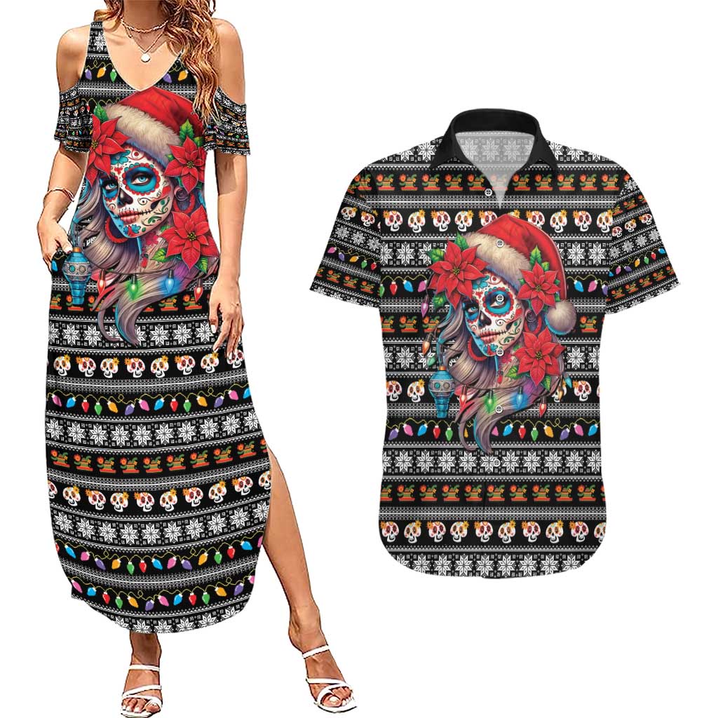 Mexican Sugar Skull Lady Christmas Couples Matching Summer Maxi Dress and Hawaiian Shirt Feliz Navidad Mexico - Wonder Print Shop
