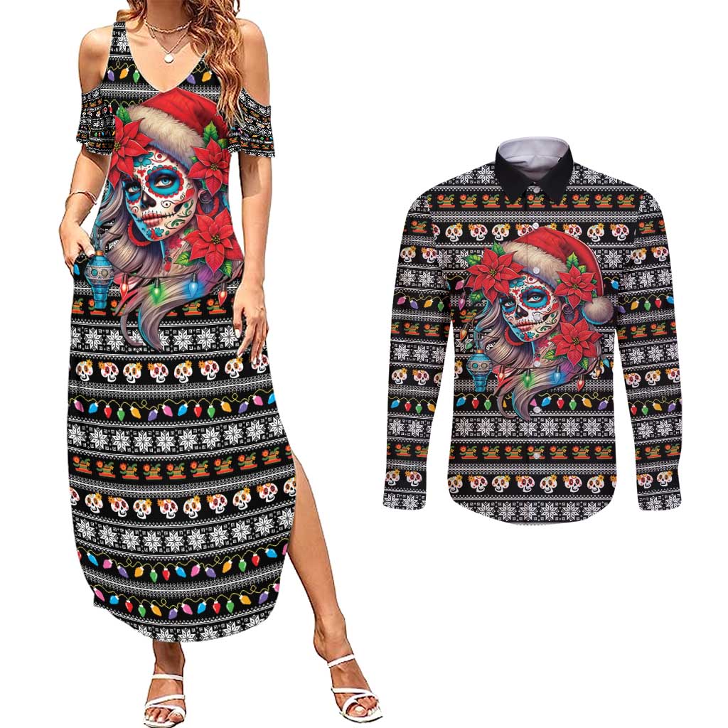 Mexican Sugar Skull Lady Christmas Couples Matching Summer Maxi Dress and Long Sleeve Button Shirt Feliz Navidad Mexico - Wonder Print Shop