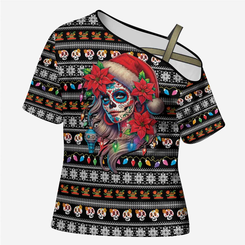 Mexican Sugar Skull Lady Christmas Cross Shoulder Shirt Feliz Navidad Mexico - Wonder Print Shop