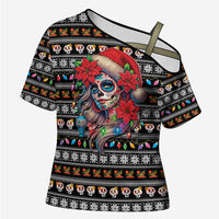Mexican Sugar Skull Lady Christmas Cross Shoulder Shirt Feliz Navidad Mexico - Wonder Print Shop