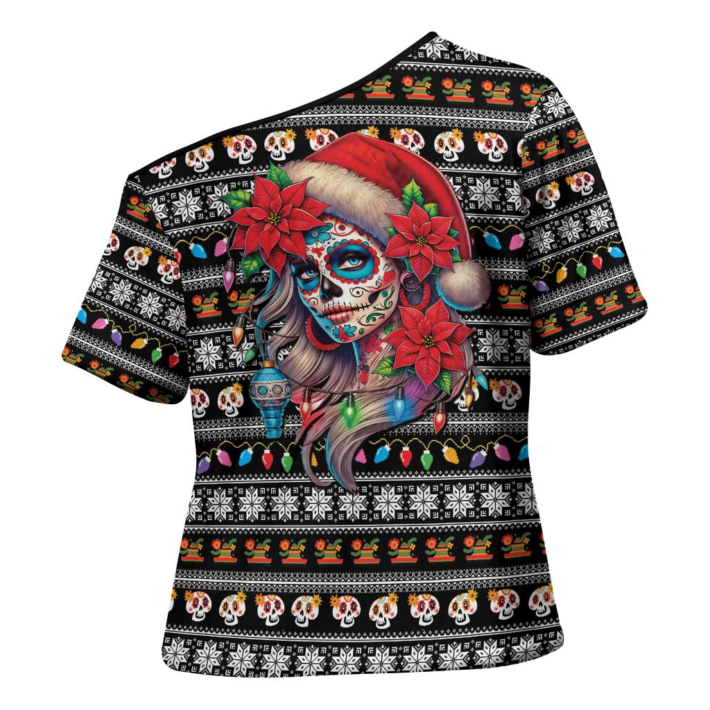Mexican Sugar Skull Lady Christmas Cross Shoulder Shirt Feliz Navidad Mexico - Wonder Print Shop