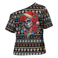 Mexican Sugar Skull Lady Christmas Cross Shoulder Shirt Feliz Navidad Mexico - Wonder Print Shop