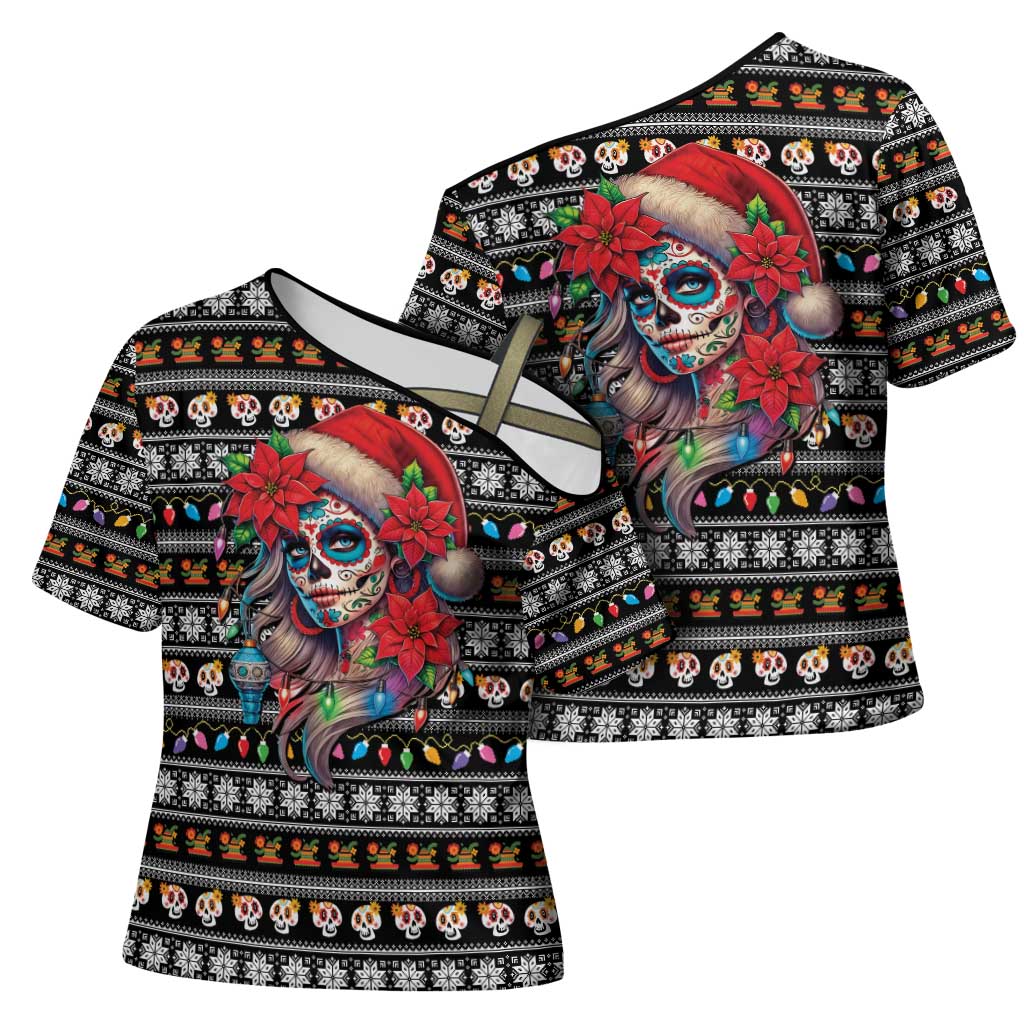 Mexican Sugar Skull Lady Christmas Cross Shoulder Shirt Feliz Navidad Mexico - Wonder Print Shop