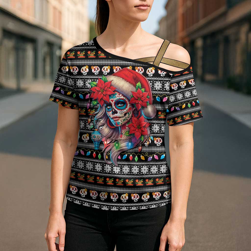 Mexican Sugar Skull Lady Christmas Cross Shoulder Shirt Feliz Navidad Mexico - Wonder Print Shop