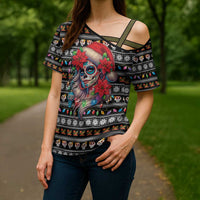 Mexican Sugar Skull Lady Christmas Cross Shoulder Shirt Feliz Navidad Mexico - Wonder Print Shop