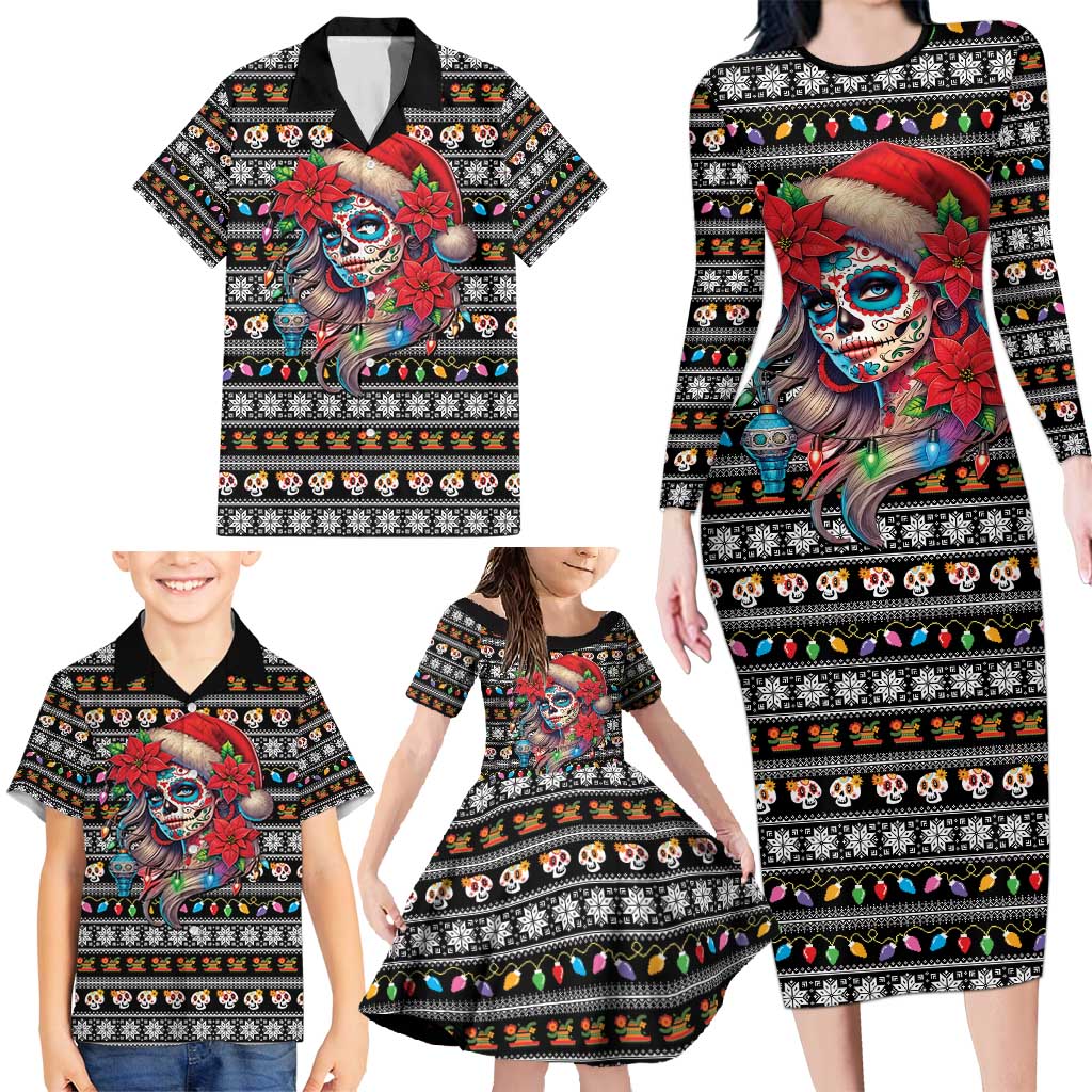 Mexican Sugar Skull Lady Christmas Family Matching Long Sleeve Bodycon Dress and Hawaiian Shirt Feliz Navidad Mexico - Wonder Print Shop
