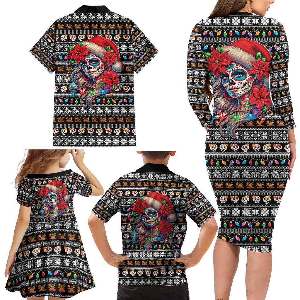 Mexican Sugar Skull Lady Christmas Family Matching Long Sleeve Bodycon Dress and Hawaiian Shirt Feliz Navidad Mexico - Wonder Print Shop