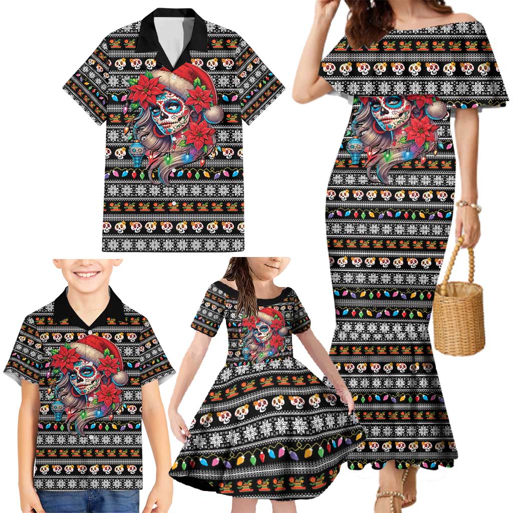 Mexican Sugar Skull Lady Christmas Family Matching Mermaid Dress and Hawaiian Shirt Feliz Navidad Mexico - Wonder Print Shop