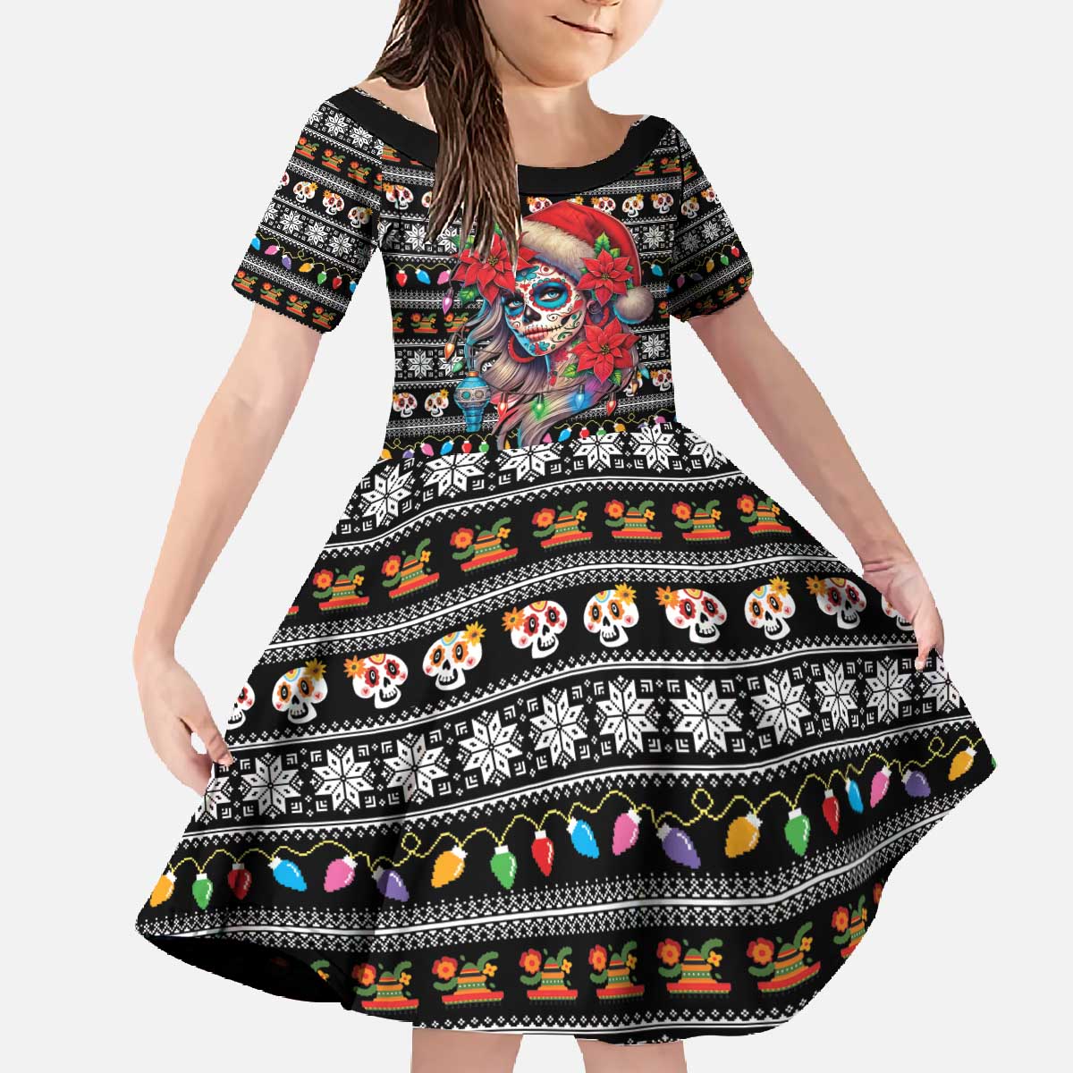 Mexican Sugar Skull Lady Christmas Family Matching Off The Shoulder Long Sleeve Dress and Hawaiian Shirt Feliz Navidad Mexico - Wonder Print Shop