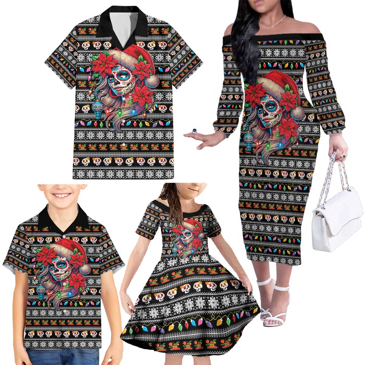 Mexican Sugar Skull Lady Christmas Family Matching Off The Shoulder Long Sleeve Dress and Hawaiian Shirt Feliz Navidad Mexico - Wonder Print Shop