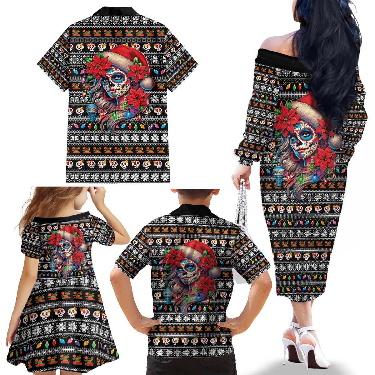 Mexican Sugar Skull Lady Christmas Family Matching Off The Shoulder Long Sleeve Dress and Hawaiian Shirt Feliz Navidad Mexico - Wonder Print Shop