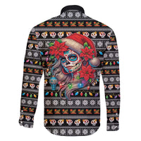 Mexican Sugar Skull Lady Christmas Family Matching Off The Shoulder Long Sleeve Dress and Hawaiian Shirt Feliz Navidad Mexico - Wonder Print Shop