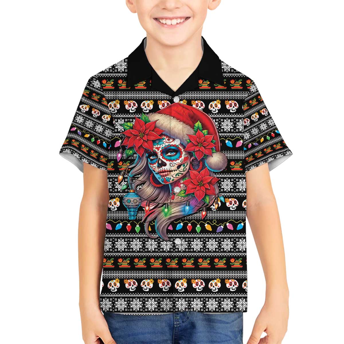 Mexican Sugar Skull Lady Christmas Family Matching Off The Shoulder Long Sleeve Dress and Hawaiian Shirt Feliz Navidad Mexico - Wonder Print Shop