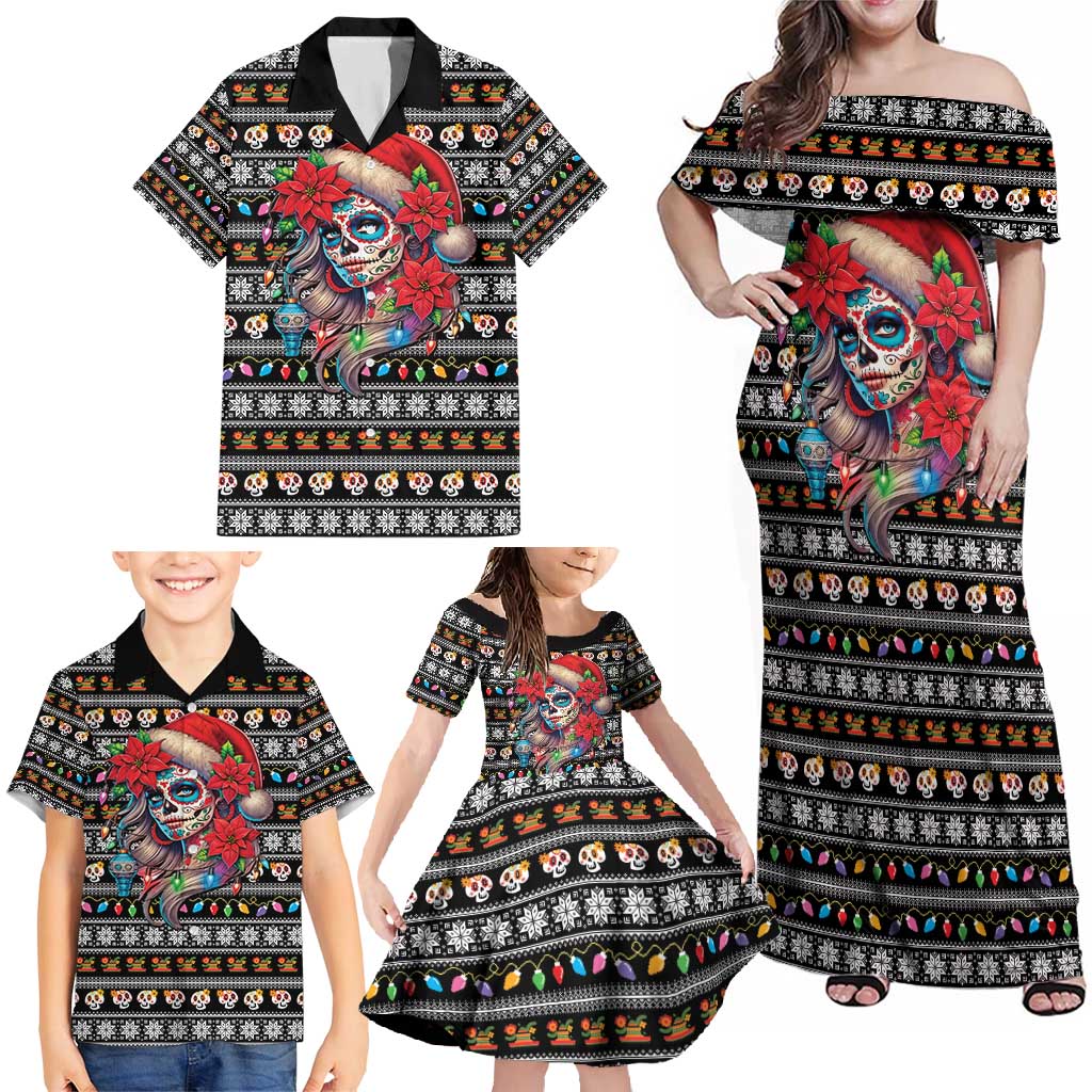 Mexican Sugar Skull Lady Christmas Family Matching Off Shoulder Maxi Dress and Hawaiian Shirt Feliz Navidad Mexico - Wonder Print Shop