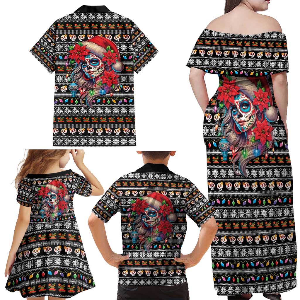 Mexican Sugar Skull Lady Christmas Family Matching Off Shoulder Maxi Dress and Hawaiian Shirt Feliz Navidad Mexico - Wonder Print Shop
