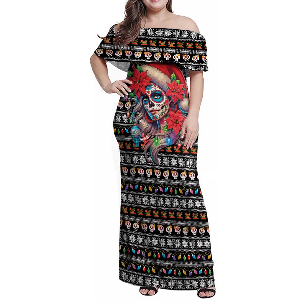 Mexican Sugar Skull Lady Christmas Family Matching Off Shoulder Maxi Dress and Hawaiian Shirt Feliz Navidad Mexico - Wonder Print Shop