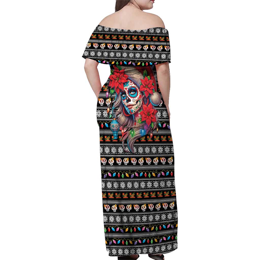 Mexican Sugar Skull Lady Christmas Family Matching Off Shoulder Maxi Dress and Hawaiian Shirt Feliz Navidad Mexico - Wonder Print Shop