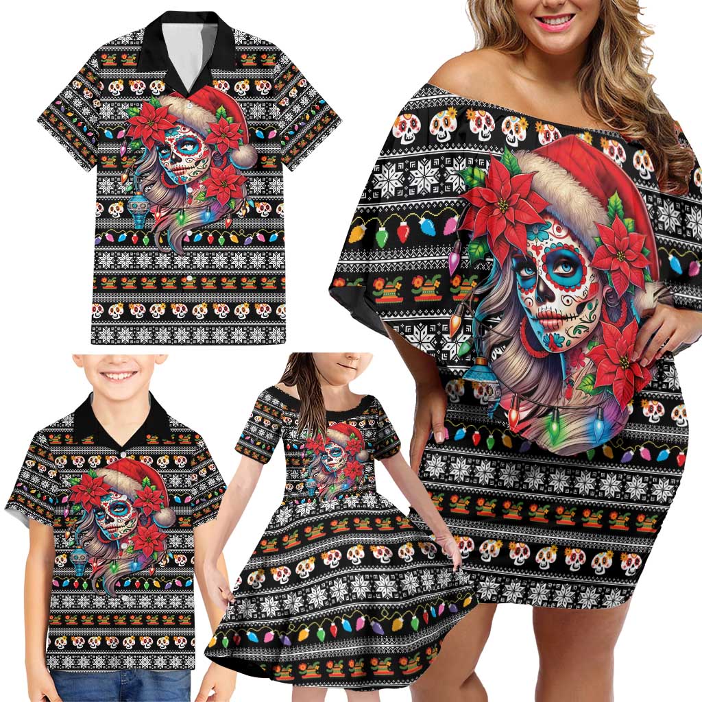Mexican Sugar Skull Lady Christmas Family Matching Off Shoulder Short Dress and Hawaiian Shirt Feliz Navidad Mexico - Wonder Print Shop