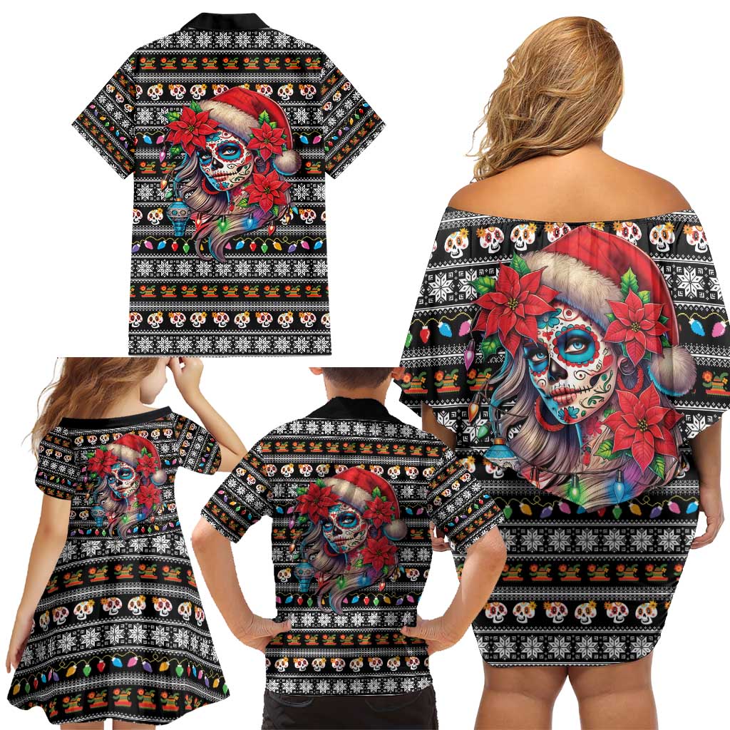 Mexican Sugar Skull Lady Christmas Family Matching Off Shoulder Short Dress and Hawaiian Shirt Feliz Navidad Mexico - Wonder Print Shop