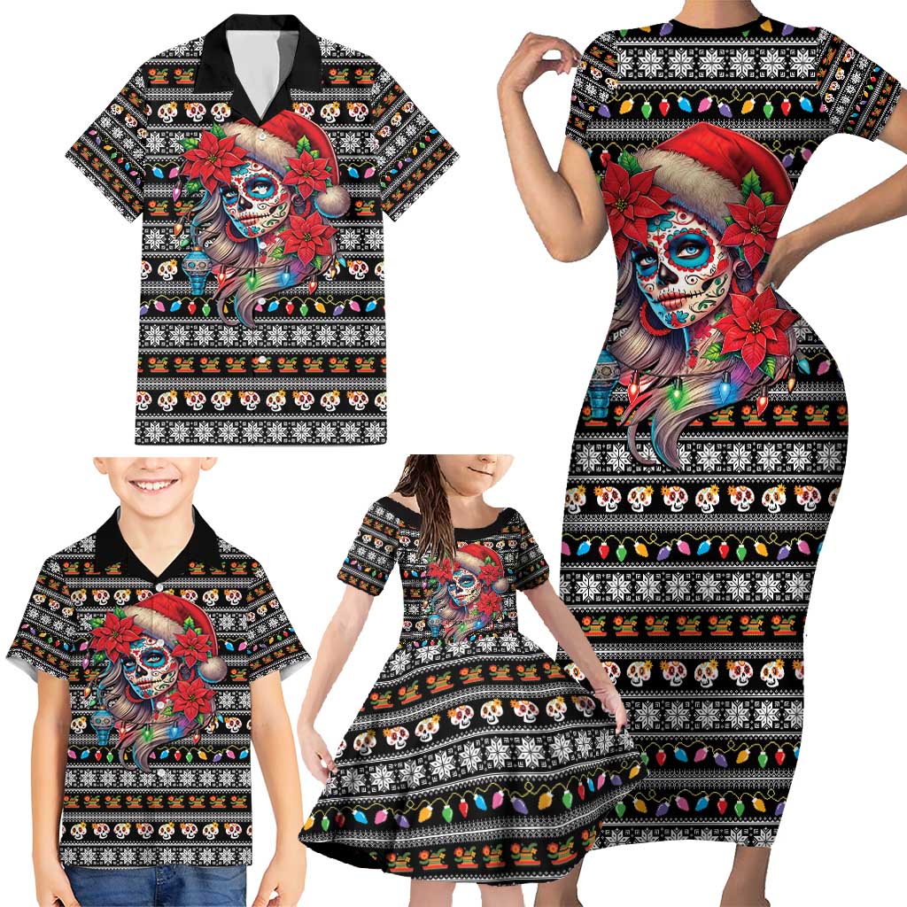 Mexican Sugar Skull Lady Christmas Family Matching Short Sleeve Bodycon Dress and Hawaiian Shirt Feliz Navidad Mexico - Wonder Print Shop