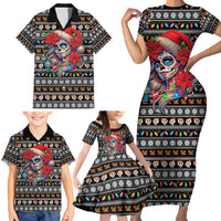 Mexican Sugar Skull Lady Christmas Family Matching Short Sleeve Bodycon Dress and Hawaiian Shirt Feliz Navidad Mexico - Wonder Print Shop