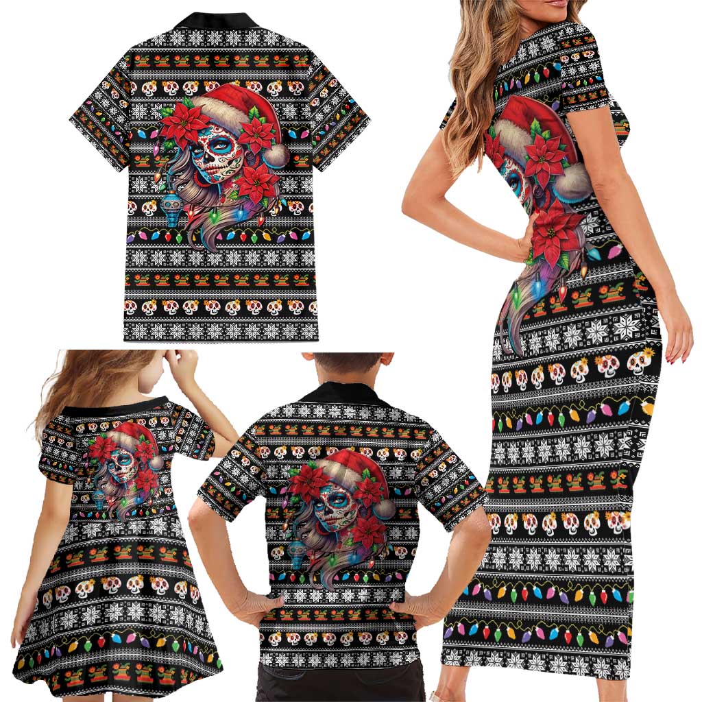 Mexican Sugar Skull Lady Christmas Family Matching Short Sleeve Bodycon Dress and Hawaiian Shirt Feliz Navidad Mexico - Wonder Print Shop
