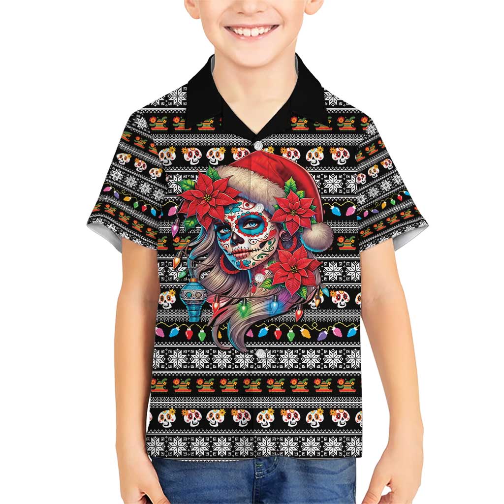 Mexican Sugar Skull Lady Christmas Family Matching Short Sleeve Bodycon Dress and Hawaiian Shirt Feliz Navidad Mexico - Wonder Print Shop