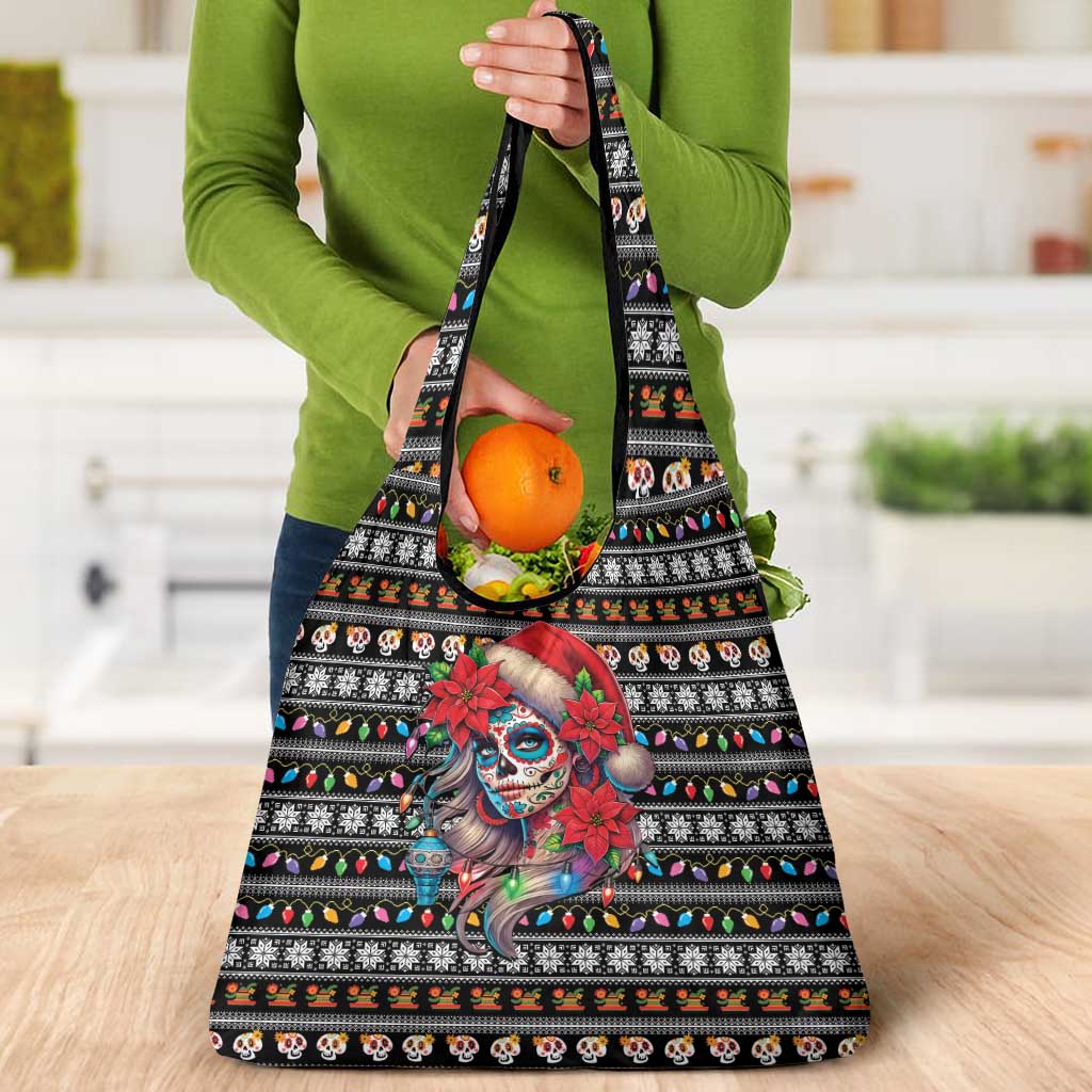Mexican Sugar Skull Lady Christmas Grocery Bag Feliz Navidad Mexico - Wonder Print Shop