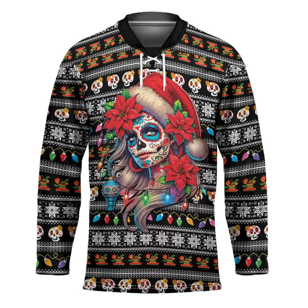 Mexican Sugar Skull Lady Christmas Hockey Jersey Feliz Navidad Mexico - Wonder Print Shop