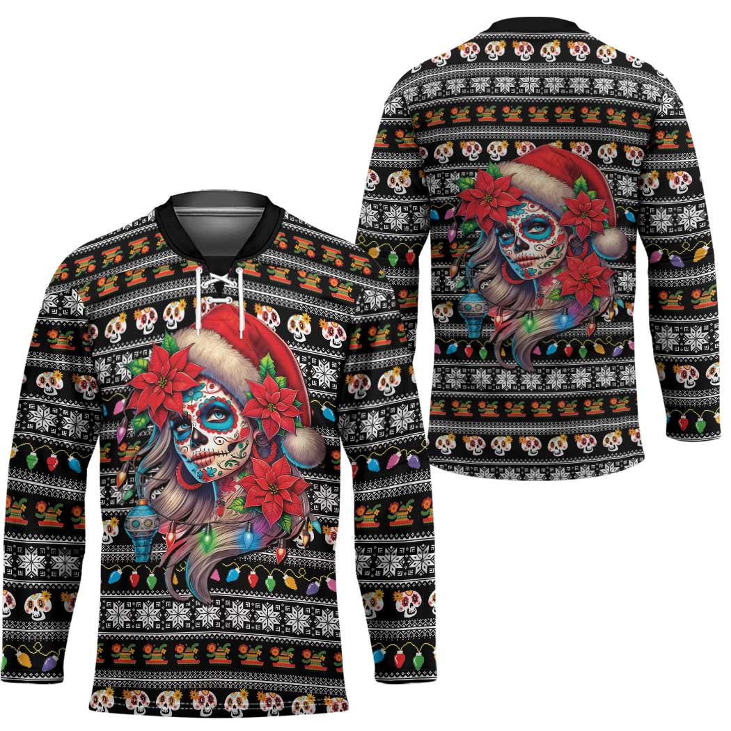 Mexican Sugar Skull Lady Christmas Hockey Jersey Feliz Navidad Mexico - Wonder Print Shop