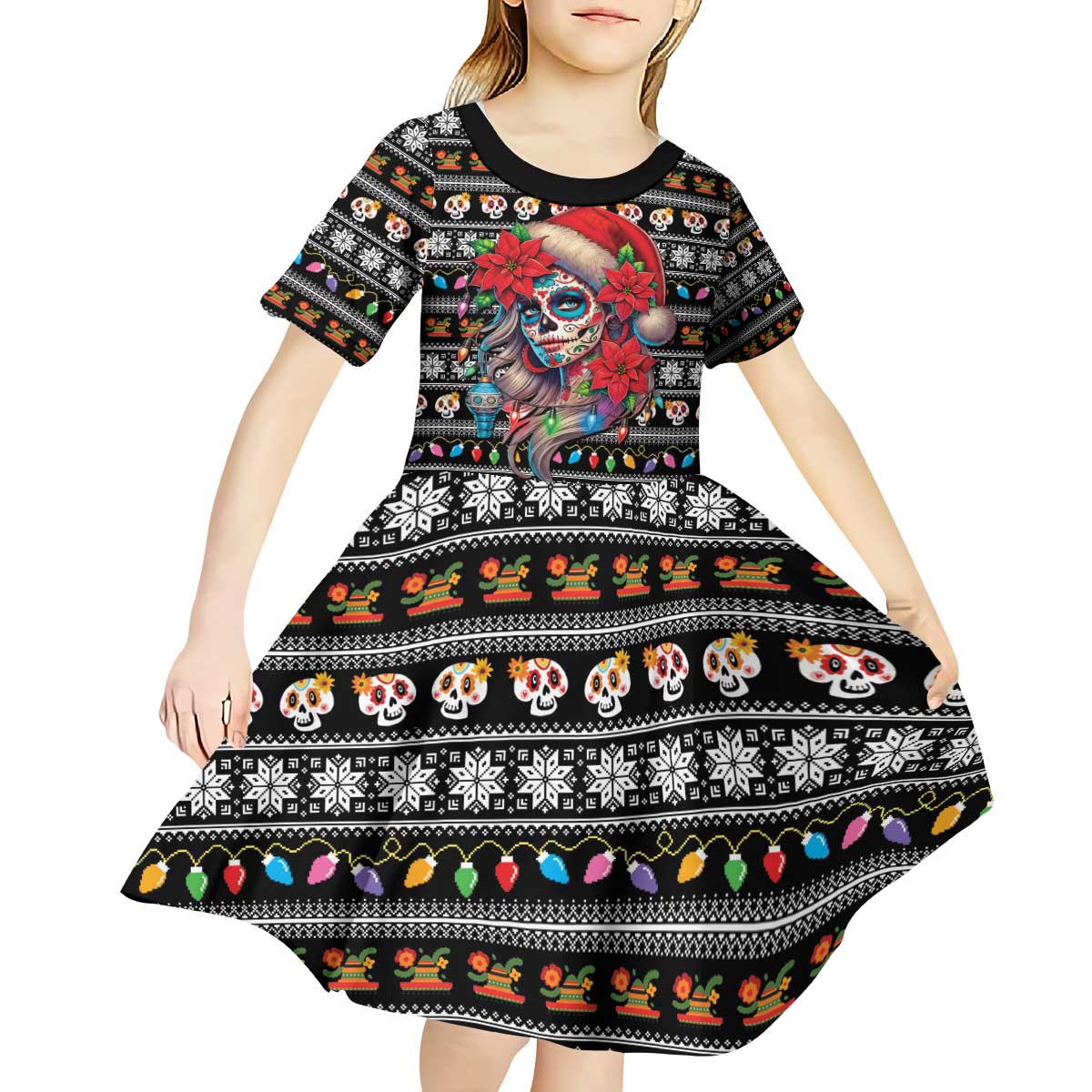 Mexican Sugar Skull Lady Christmas Kid Short Sleeve Dress Feliz Navidad Mexico - Wonder Print Shop