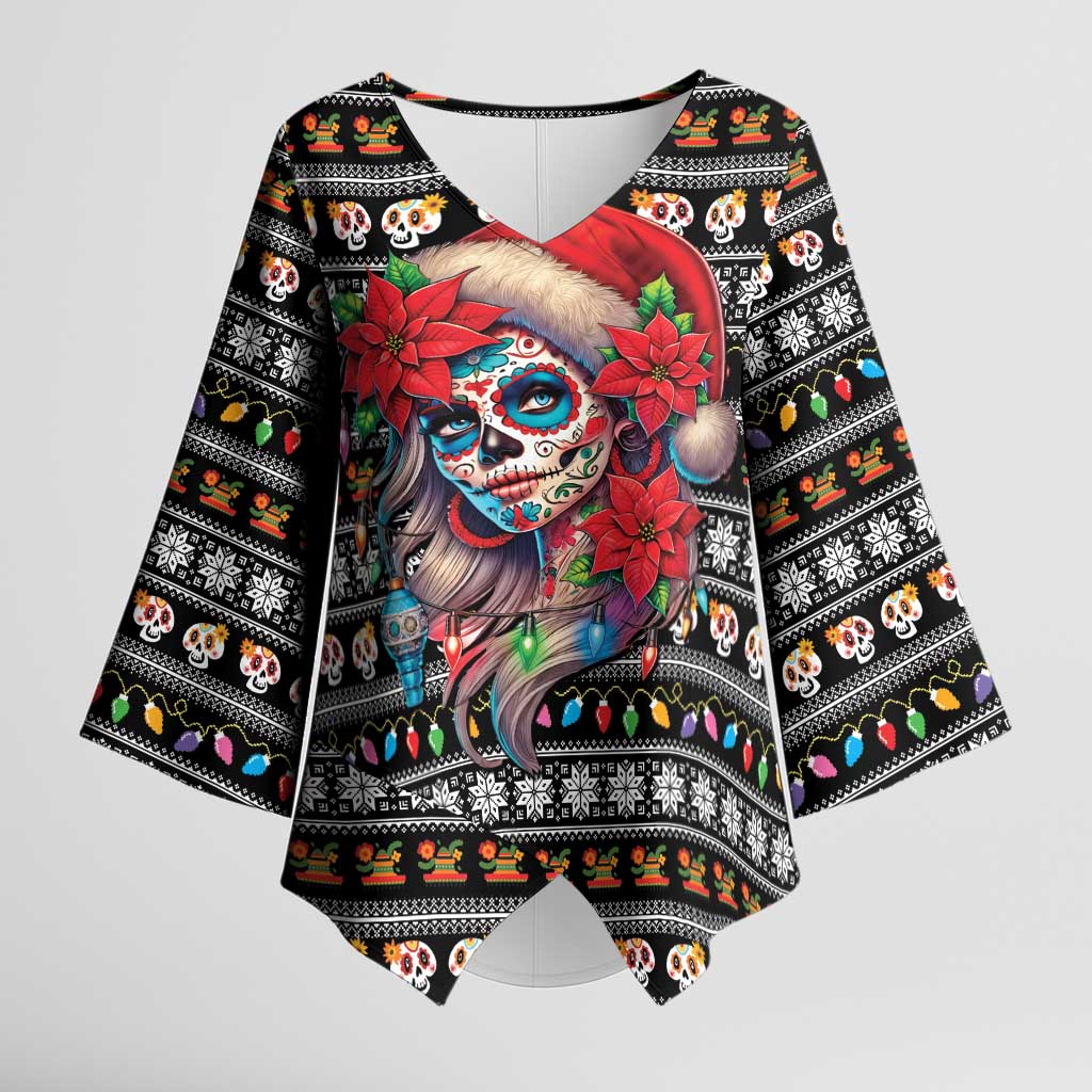 Mexican Sugar Skull Lady Christmas Kimono Sleeve Blouse Feliz Navidad Mexico - Wonder Print Shop