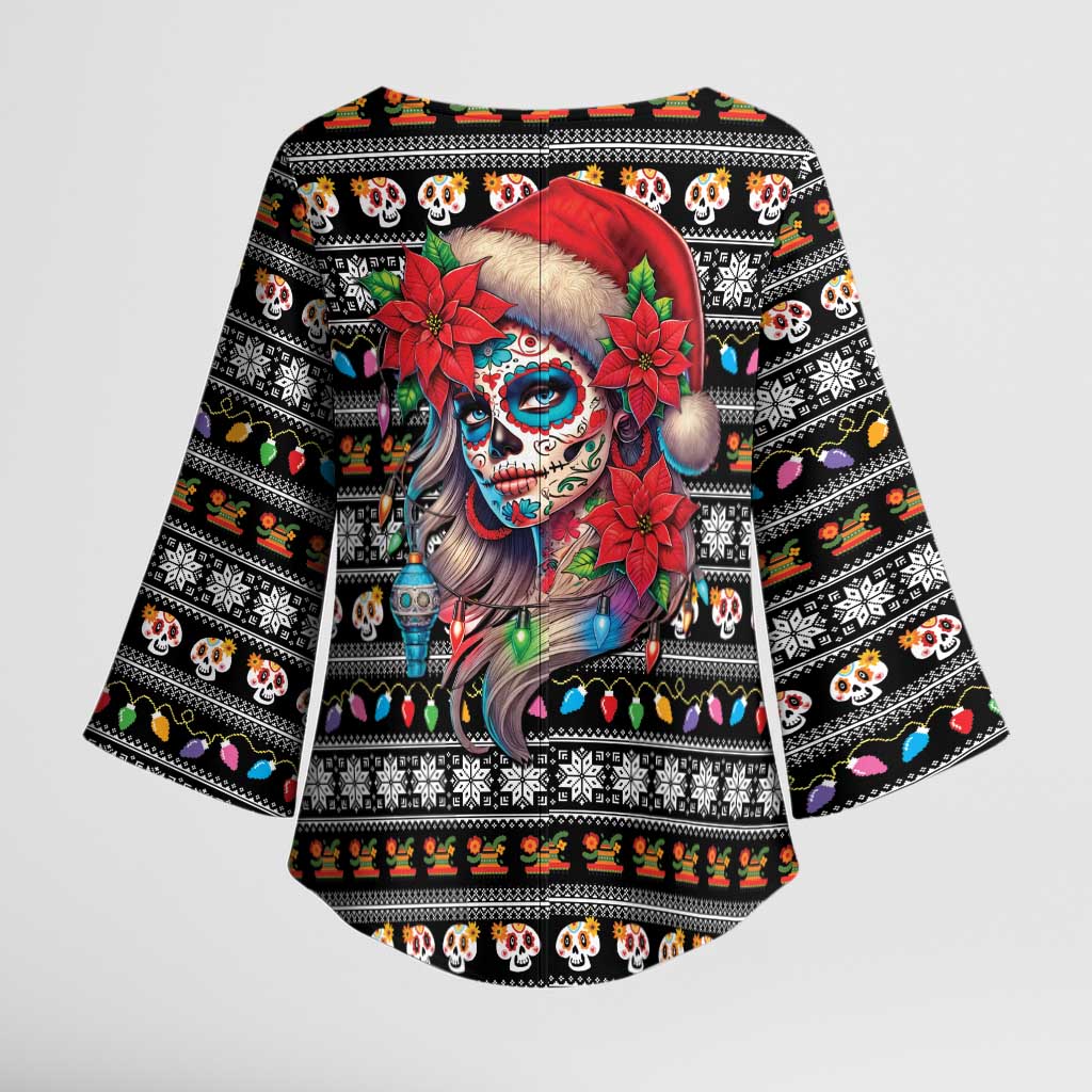 Mexican Sugar Skull Lady Christmas Kimono Sleeve Blouse Feliz Navidad Mexico - Wonder Print Shop