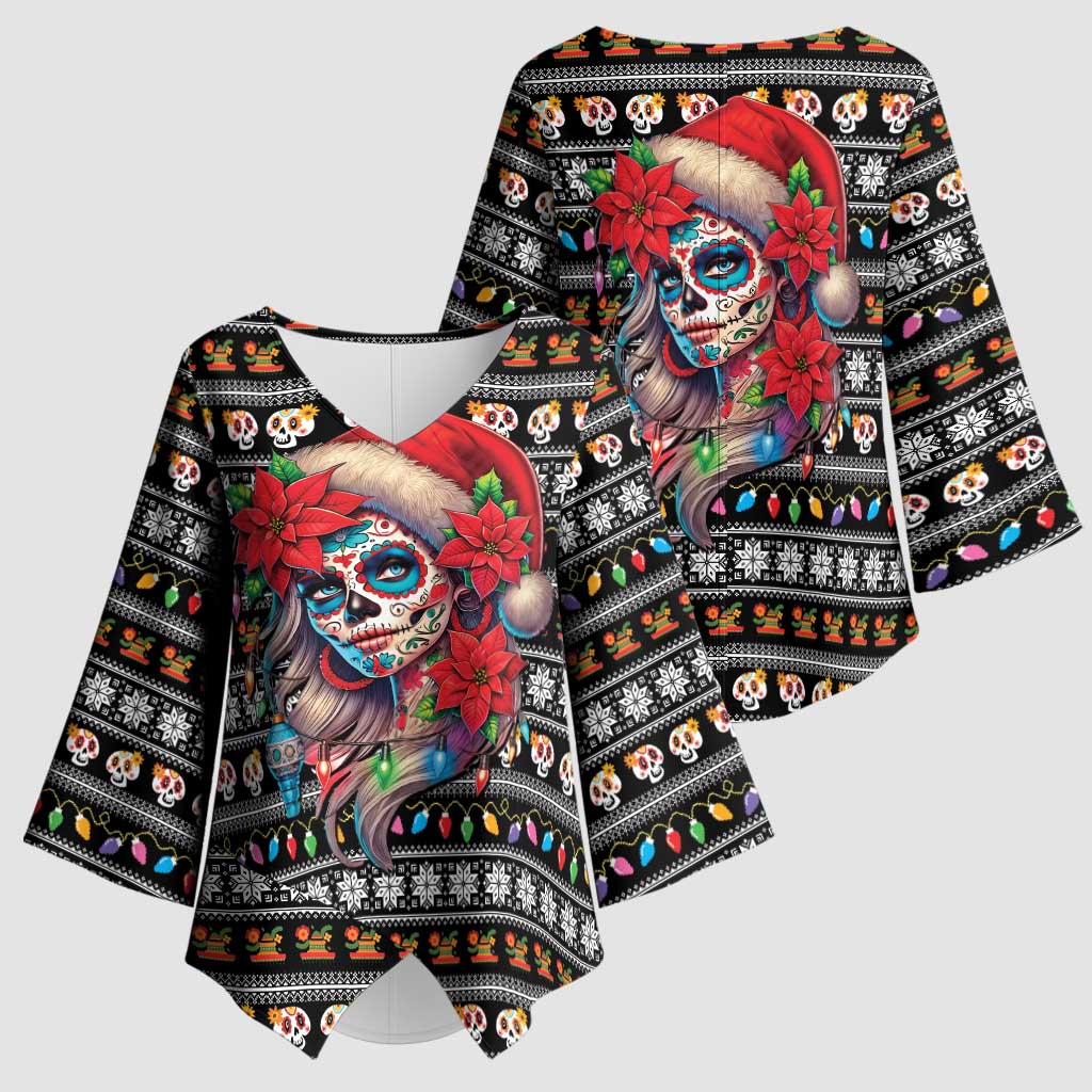Mexican Sugar Skull Lady Christmas Kimono Sleeve Blouse Feliz Navidad Mexico - Wonder Print Shop